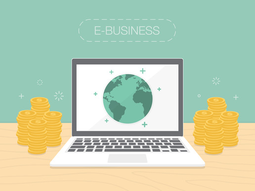 E-Business. Flat design illustration. Make money from computer and internet